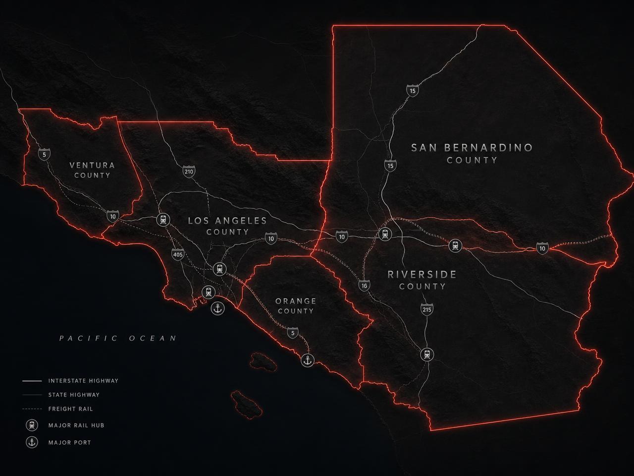 Map of the Southern California freight service area including Los Angeles, Orange, Riverside, San Bernardino and Ventura counties